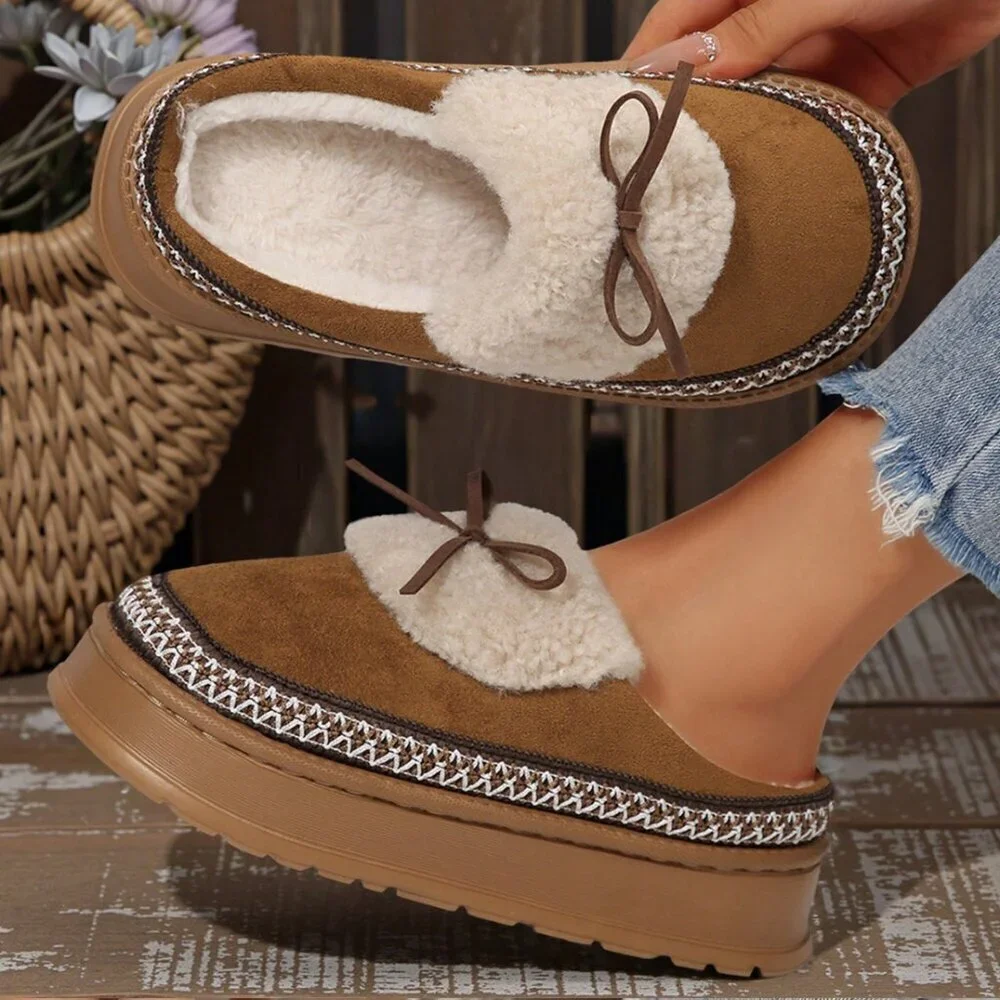 Camel Casual Women's Thick Flat Suede Shearling Slippers